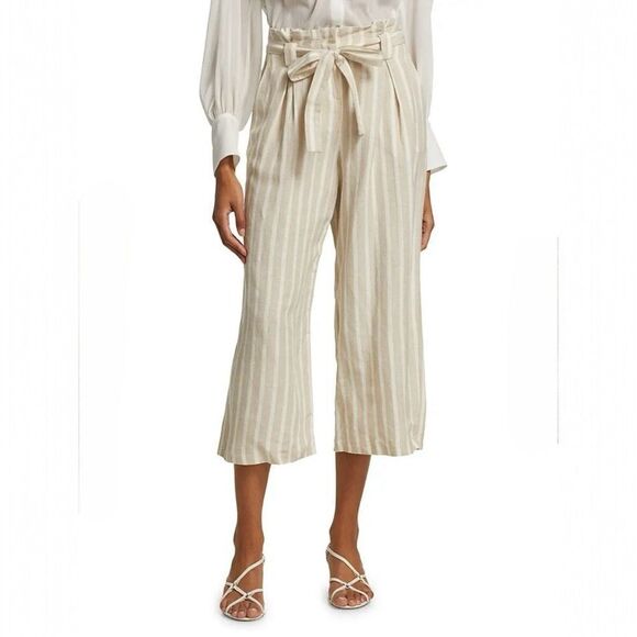 L'AGENCE Samira Striped Linen Cropped Pants Wide‎ Leg Belted Size 10 - Picture 1 of 13